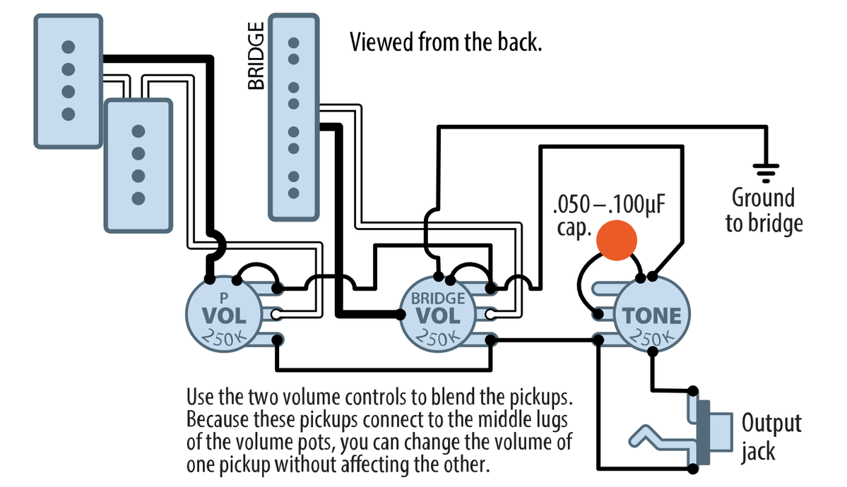 PJB + 2V1T P-J Bass Wiring Diagram — Guitar Kit Shop