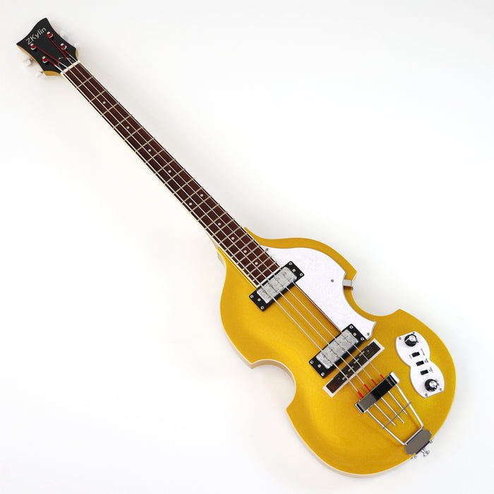 4 Strings Semi Hollow Violin Electric Bass Guitar with Gold Metallic Sparkling Finish  (PHY-107)