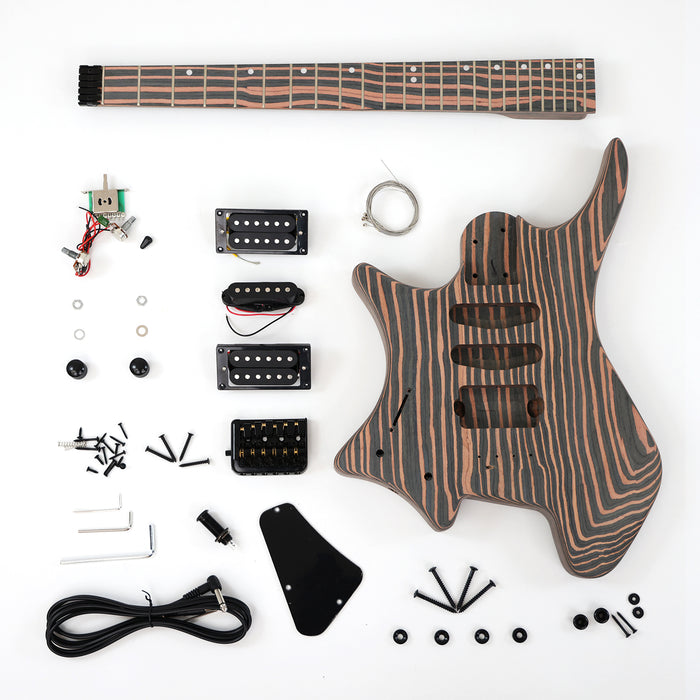 Headless Left Hand All Zebrawood DIY Electric Guitar Kit (ZQN-017F)